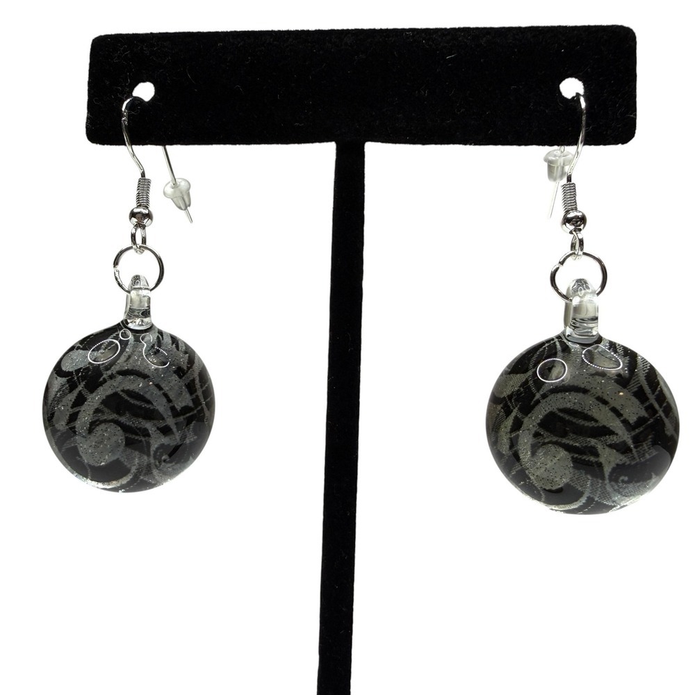 Sterling Silver S925 Glass Black & Grey Swirl Art Dangle Drop Earrings Handmade - Picture 7 of 7